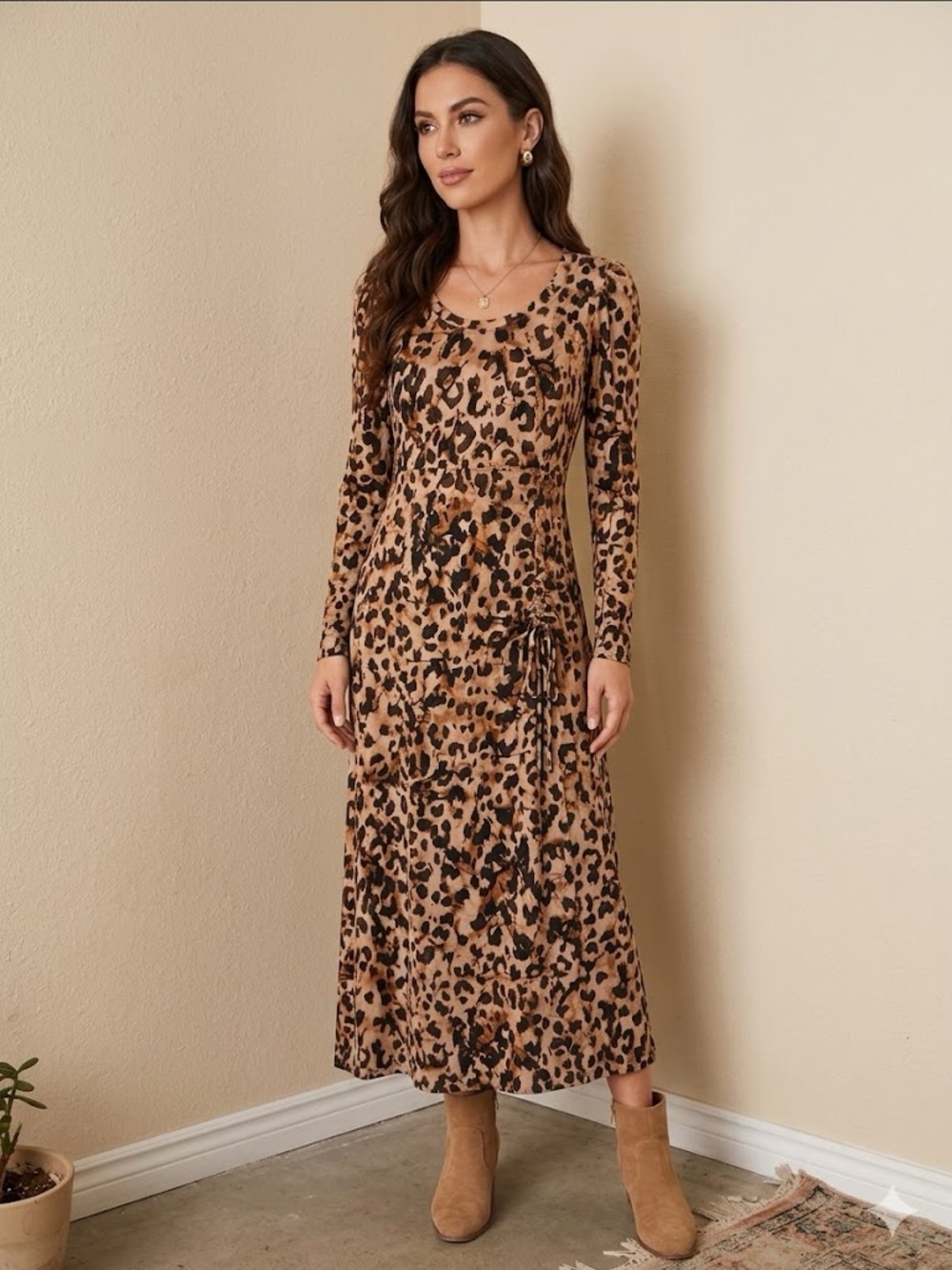CAbi Long Sleeve Leopard Maxi Dress in Tan and Black
